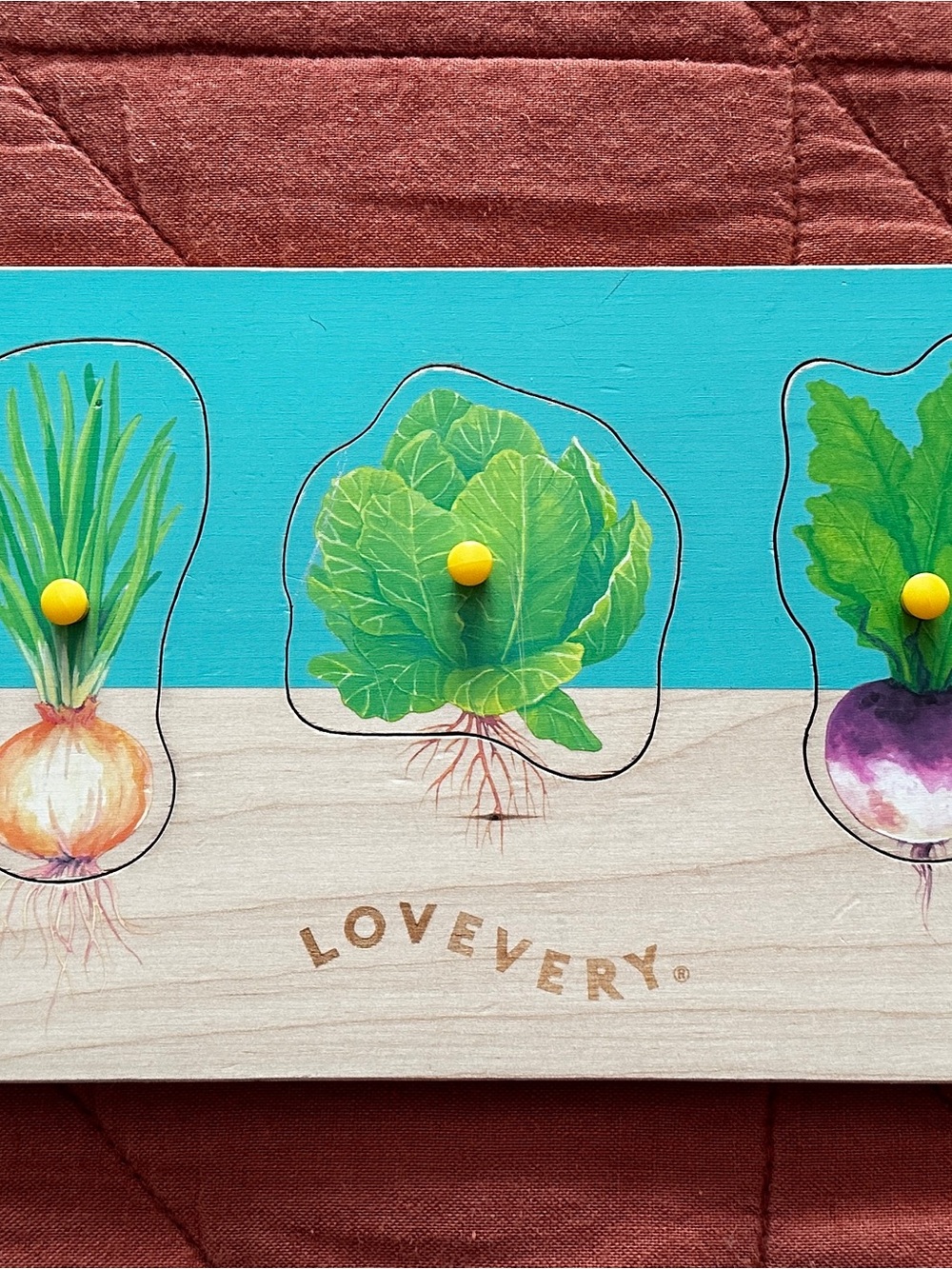 Lovevery Kids Wooden Peg Puzzle – Turquoise & Yellow Vegetable Set